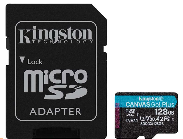 Carte micro SDXC Kingston 128 Go UHS-i U3 V30 classe 10 170 Mo/s Canvas Go Plus avec adaptateur